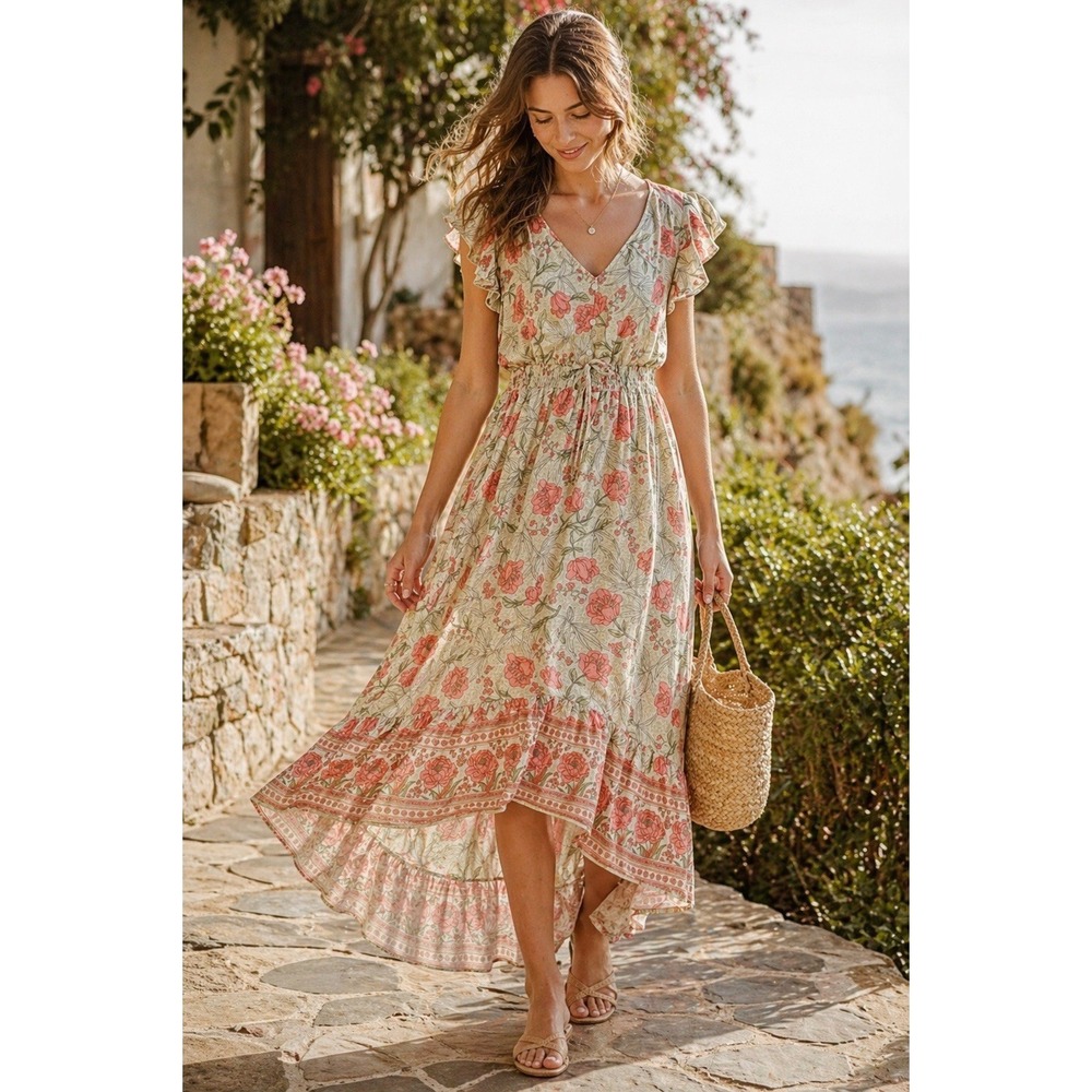 Anthropologie Kindred Floral Dress L Hi Low Midi Cottagecore Boho Prairie Smock